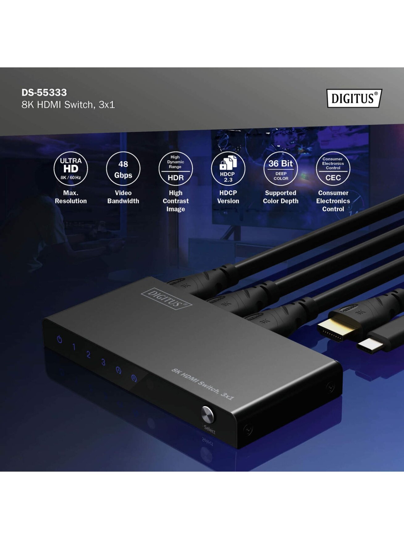 Digitus 8K HDMI Switch, 3x1 | DS-55333 | Black 8 Digitus 8K HDMI Switch, 3x1 | DS-55333 | Black 8