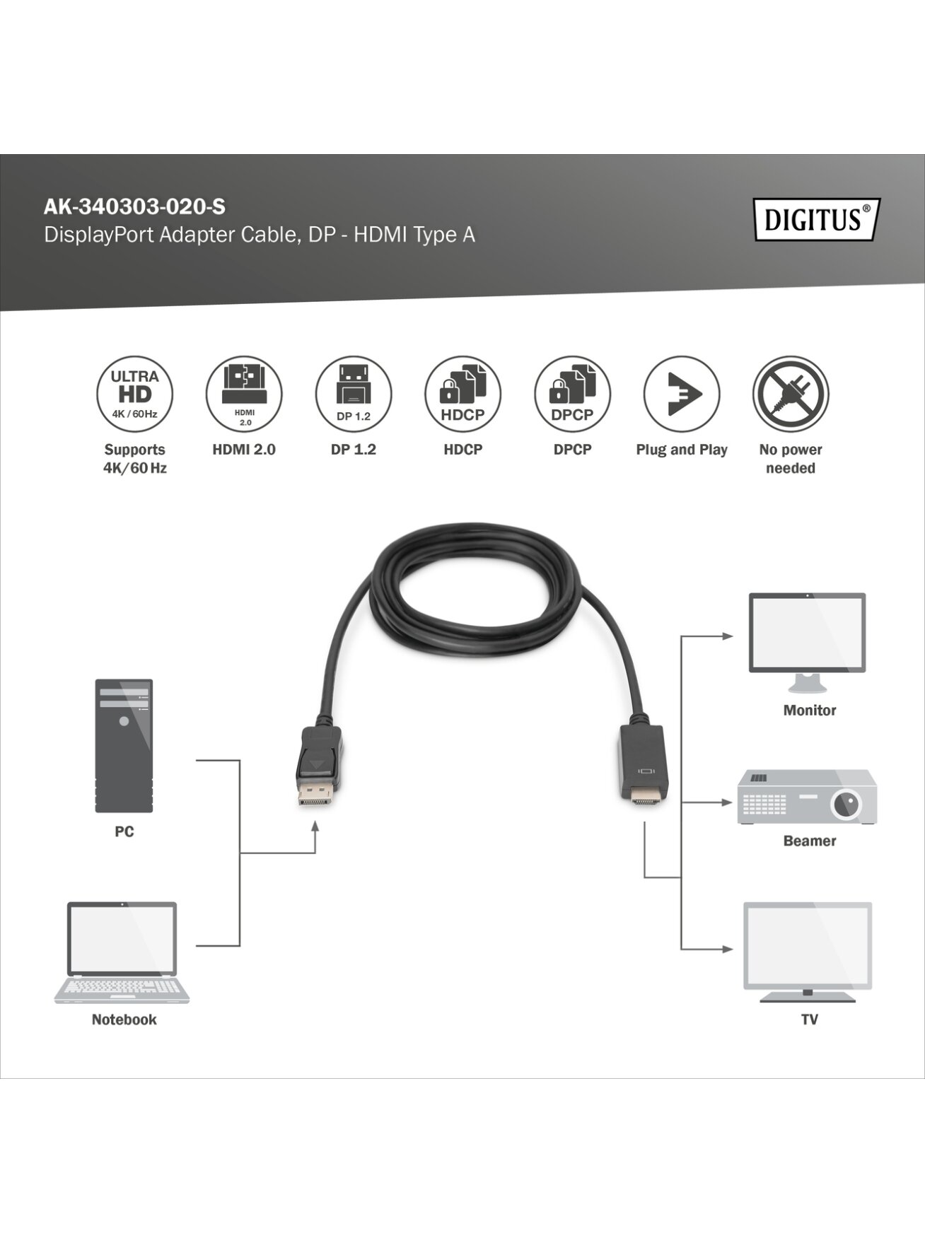 Digitus Adapter Cable, DP - HDMI type A | DisplayPort to HDMI | 2 m 2 Digitus Adapter Cable, DP - HDMI type A | DisplayPort to HDMI | 2 m 2