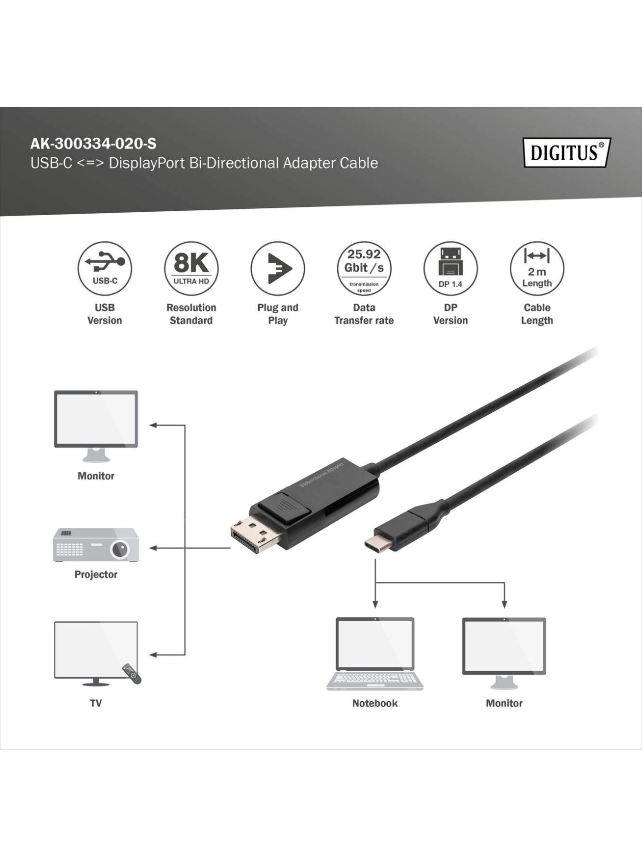 Digitus | Bi-Directional Adapter Cable 2 m | AK-300334-020-S | USB Type C to DisplayPort 2