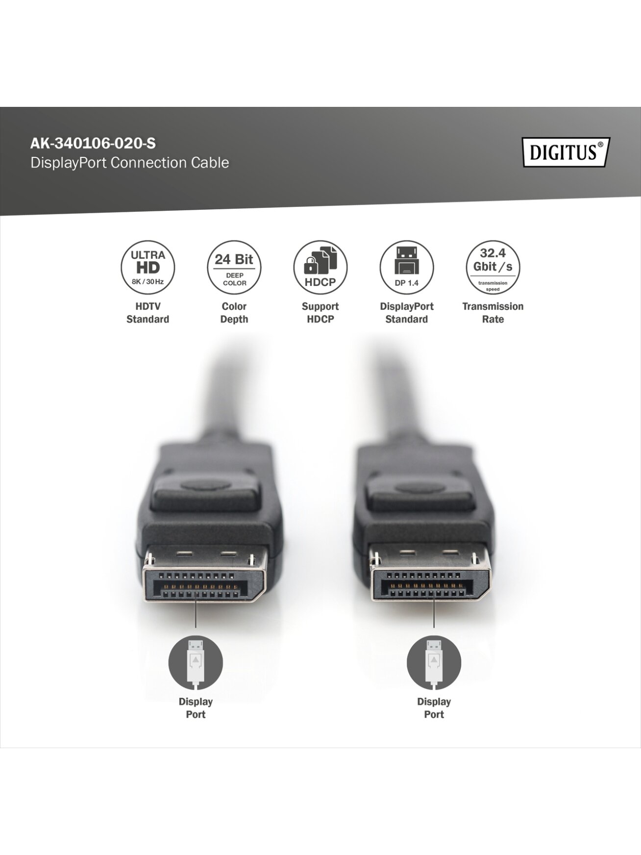Digitus | Connection Cable | AK-340106-020-S | DisplayPort to DisplayPort 4 Digitus | Connection Cable | AK-340106-020-S | DisplayPort to DisplayPort 4