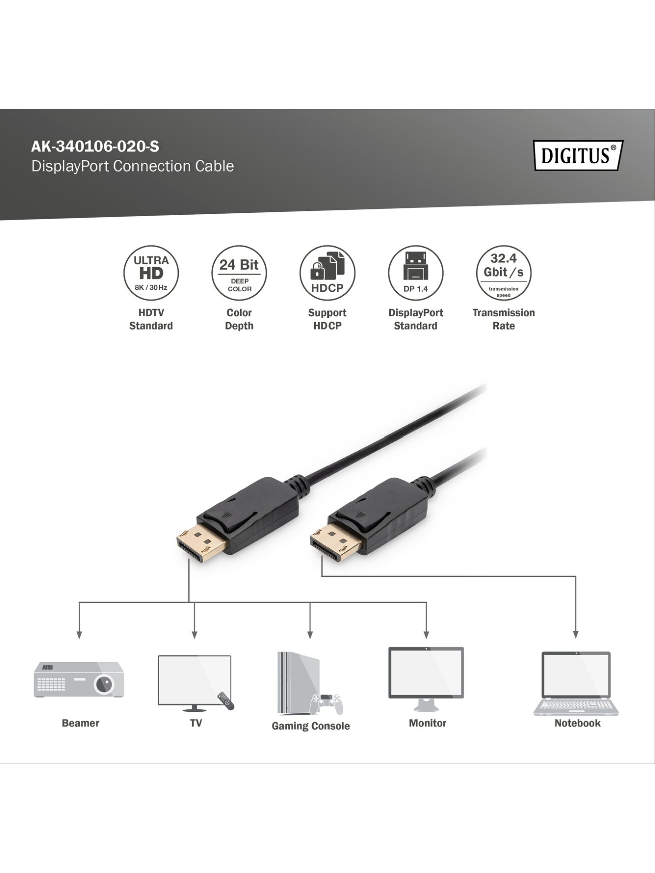 Digitus | Connection Cable | AK-340106-020-S | DisplayPort to DisplayPort 5 Digitus | Connection Cable | AK-340106-020-S | DisplayPort to DisplayPort 5