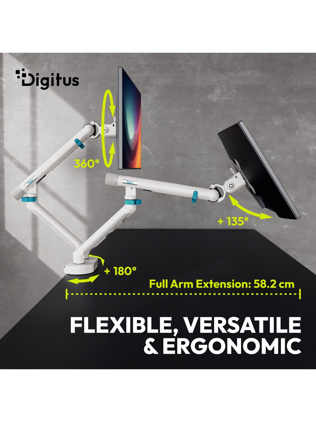 Digitus Desk Mount | Tilt, rotation, pivot | Dual design monitor mount, 2x 35", 2x 10 kg | 35 " | Maximum weight (capacity) 20 kg | White 7