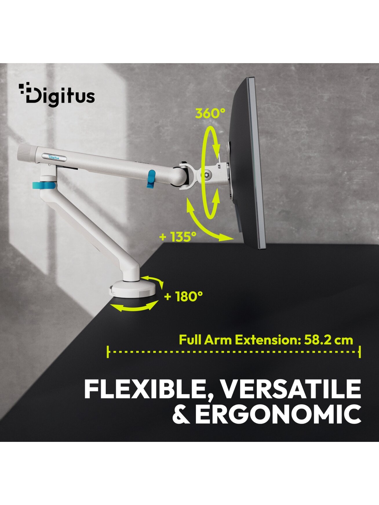 Digitus Desk Mount | Tilt, rotation, pivot | Single design monitor mount | 35 " | Maximum weight (capacity) 10 kg | White 6 Digitus Desk Mount | Tilt, rotation, pivot | Single design monitor mount | 35 " | Maximum weight (capacity) 10 kg | White 6