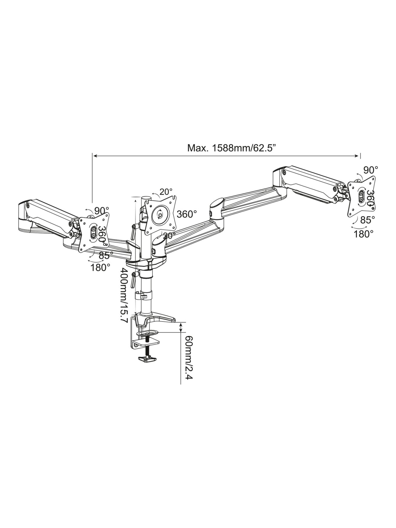 Digitus Desk Mount | Triple Monitor Gas Spring Mount DA-90363 | Adjustable Height, Tilt, Swivel | 15-27 " | Maximum weight (capacity) 3x6 kg | Silver 2 Digitus Desk Mount | Triple Monitor Gas Spring Mount DA-90363 | Adjustable Height, Tilt, Swivel | 15-27 " | Maximum weight (capacity) 3x6 kg | Silver 2