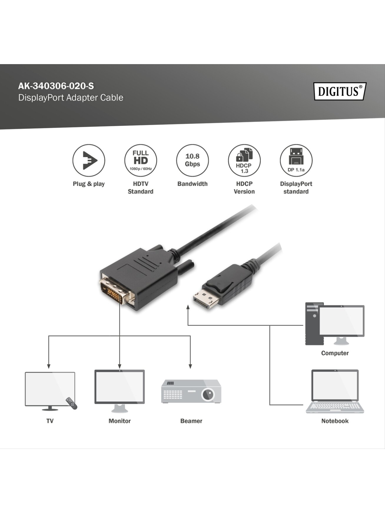 Digitus | DisplayPort Adapter Cable | AK-340306-020-S 2 Digitus | DisplayPort Adapter Cable | AK-340306-020-S 2
