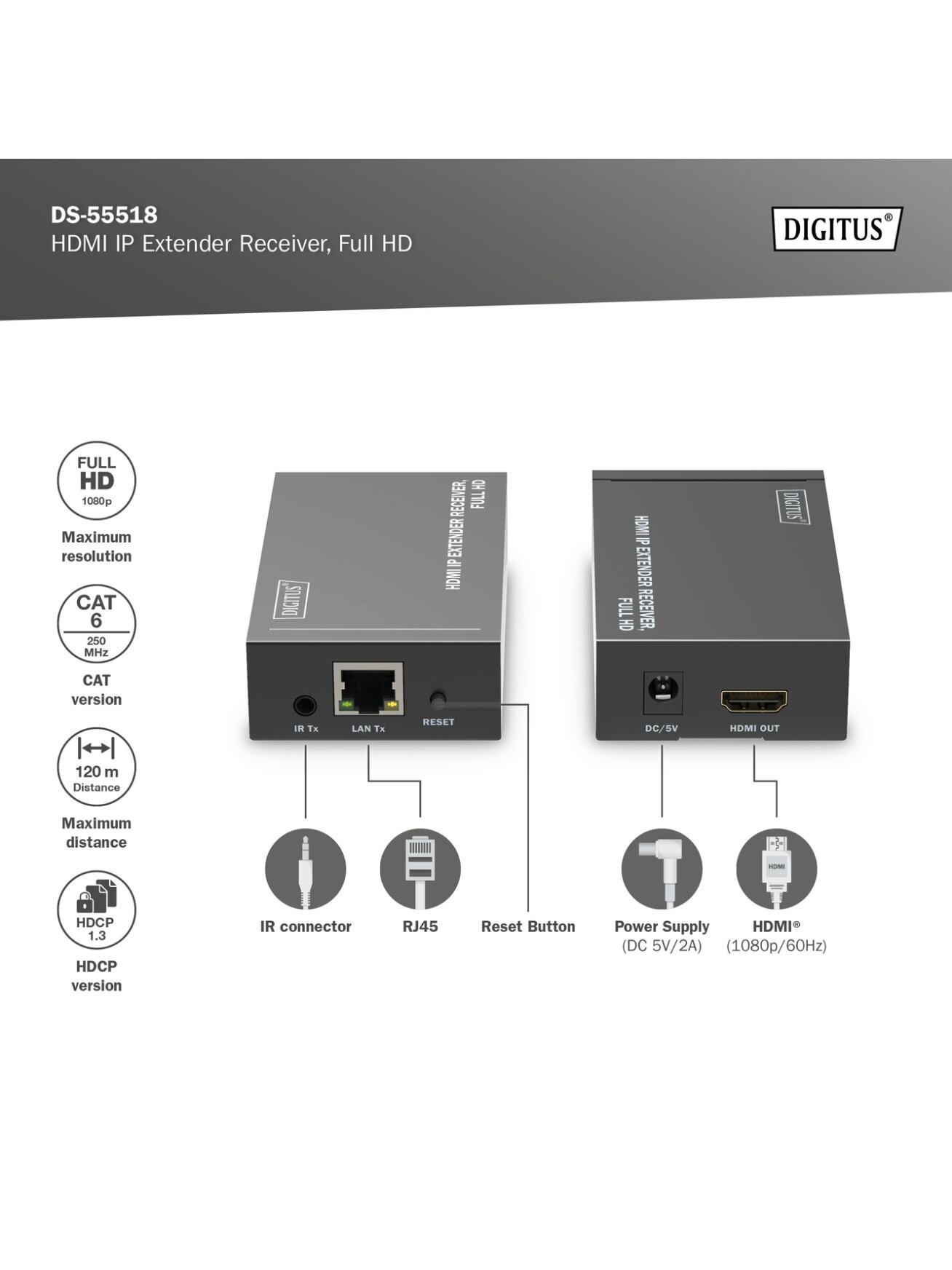 Digitus | HDMI IP Extender Receiver, Full HD | DS-55518 5 Digitus | HDMI IP Extender Receiver, Full HD | DS-55518 5