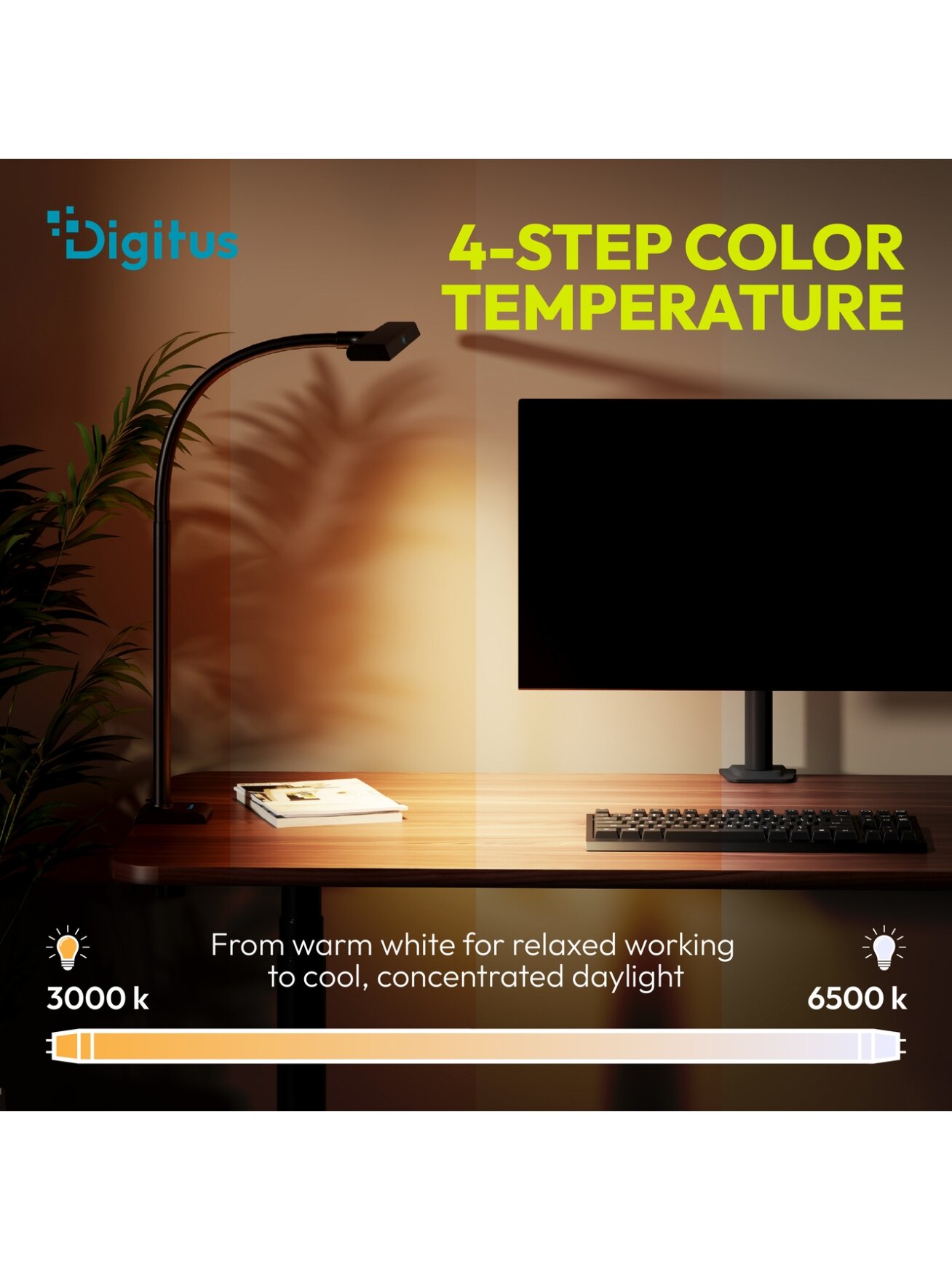 Digitus LED Desk Lamp, 80 cm, Black | DA-90492 | 2400 lm | 16 W | 3000-6500 K | Warm white | LED lamp | 10 V 3