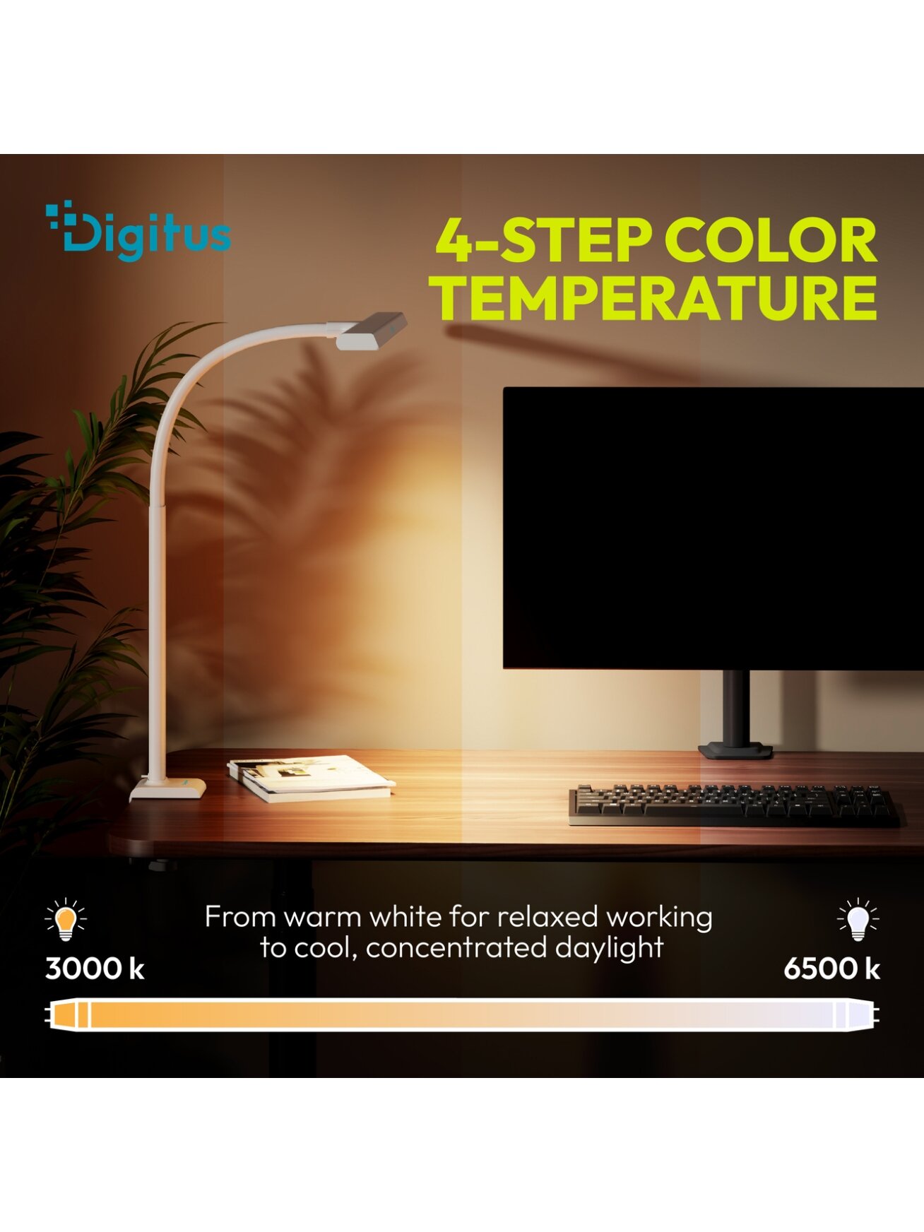 Digitus LED Desk Lamp, 80 cm, White | DA-90493 | 2400 lm | 16 W | 3000-6500 K | Warm white light to white daylight | LED lamp | 10 V 3