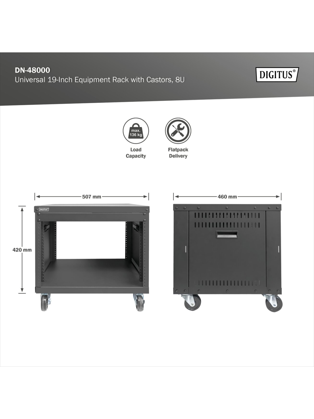 Digitus Universal 19-Inch Equipment Rack with Castors, 8U | DN-48000 4 Digitus Universal 19-Inch Equipment Rack with Castors, 8U | DN-48000 4
