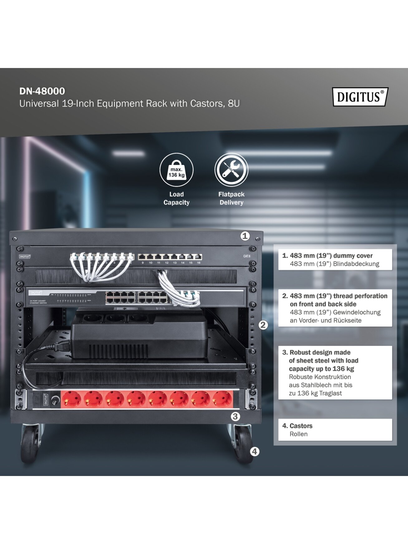 Digitus Universal 19-Inch Equipment Rack with Castors, 8U | DN-48000 6