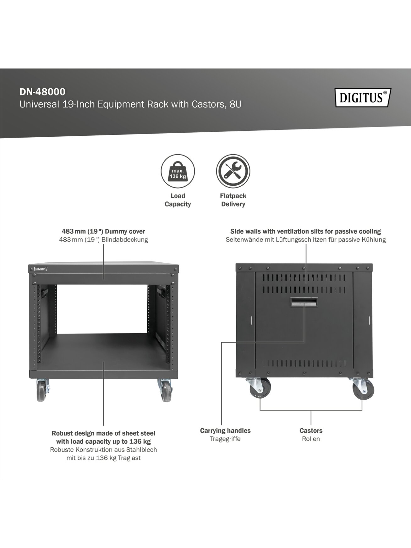 Digitus Universal 19-Inch Equipment Rack with Castors, 8U | DN-48000 7 Digitus Universal 19-Inch Equipment Rack with Castors, 8U | DN-48000 7