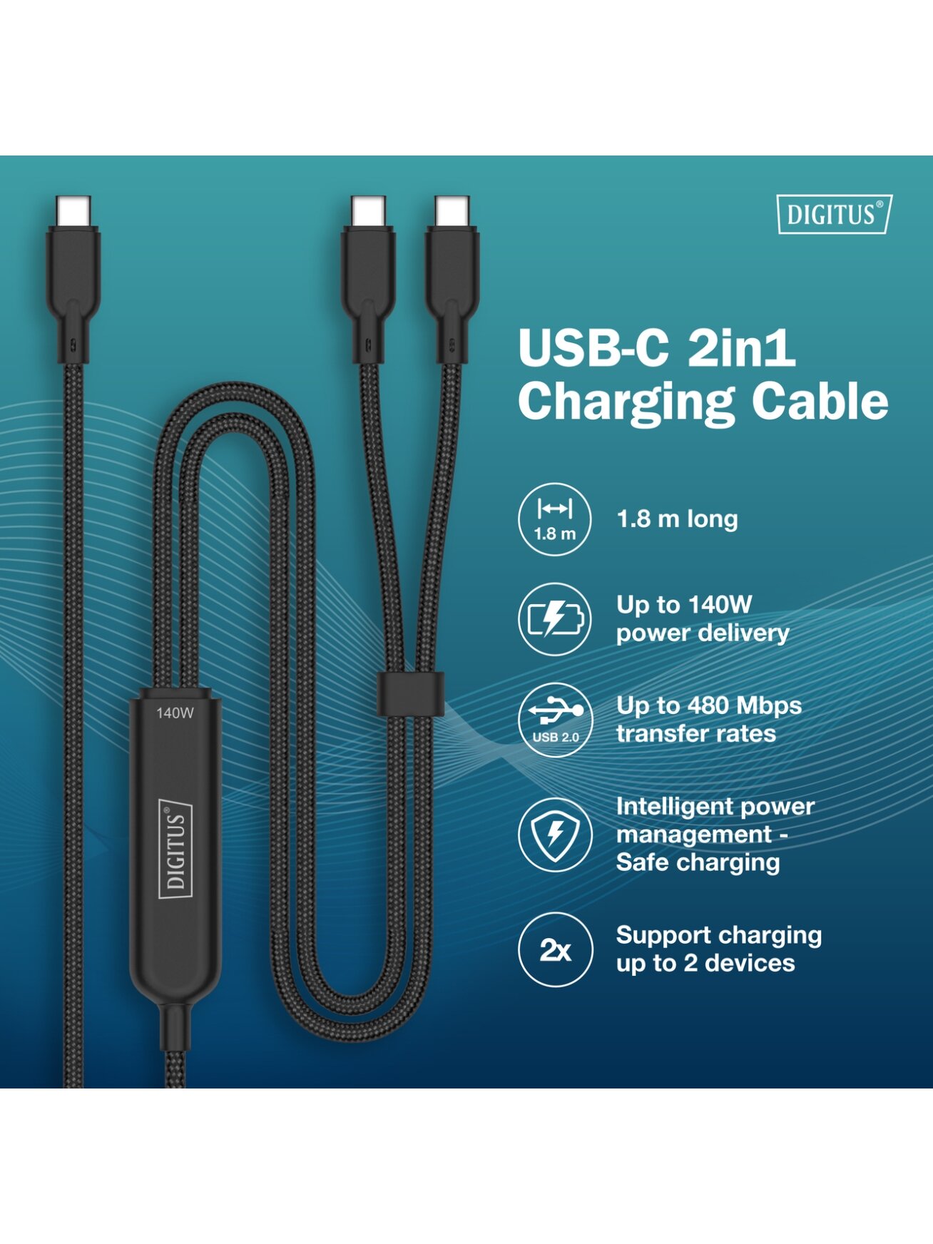 Digitus | USB-C 2in1 charging cable, 140W | AK-300170-018-S 4