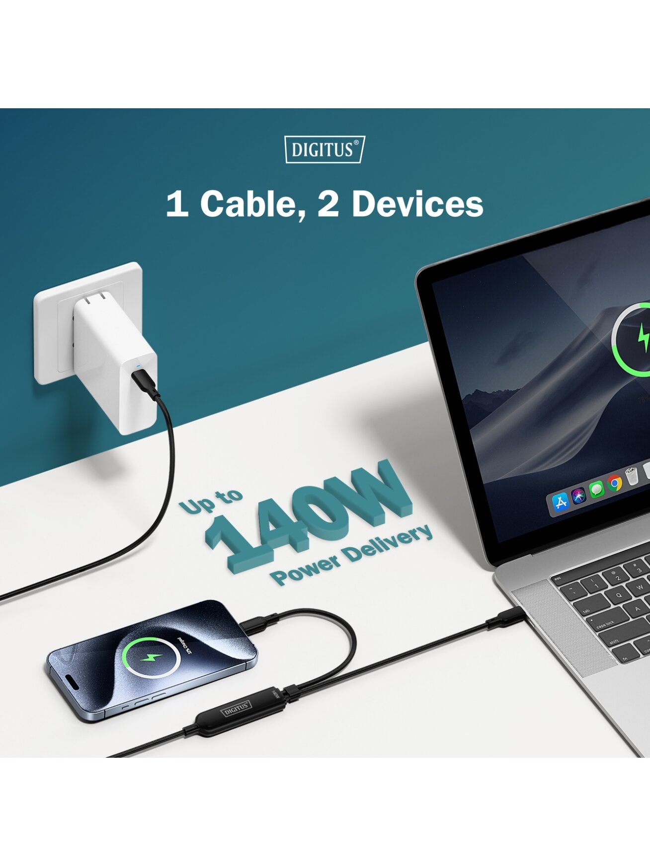 Digitus | USB-C 2in1 charging cable, 140W | AK-300170-018-S 5