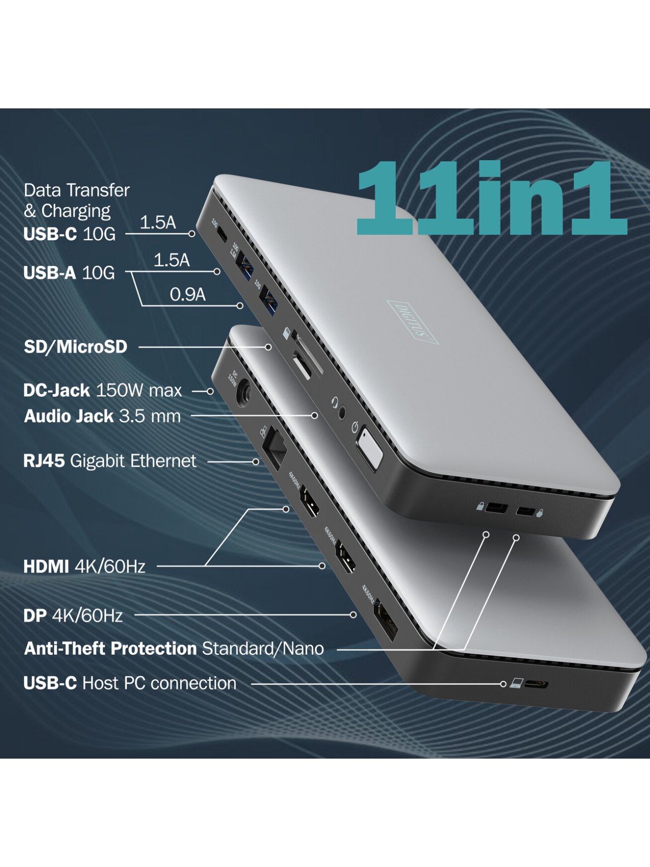 Digitus USB-C Docking Station, 11-port | DA-70917 | HDMI ports quantity 2 | Ethernet LAN 1 Digitus USB-C Docking Station, 11-port | DA-70917 | HDMI ports quantity 2 | Ethernet LAN 1