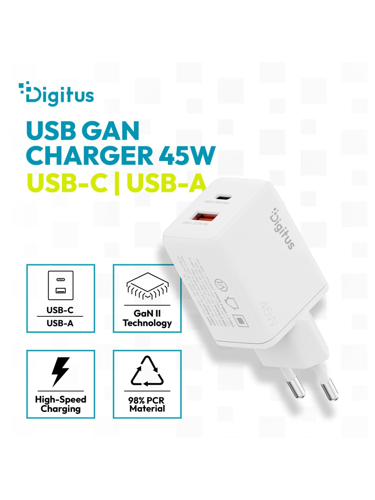 Digitus USB GaN Charger 45W, 1x USB-C, 1x USB-A | DA-10302 2 Digitus USB GaN Charger 45W, 1x USB-C, 1x USB-A | DA-10302 2
