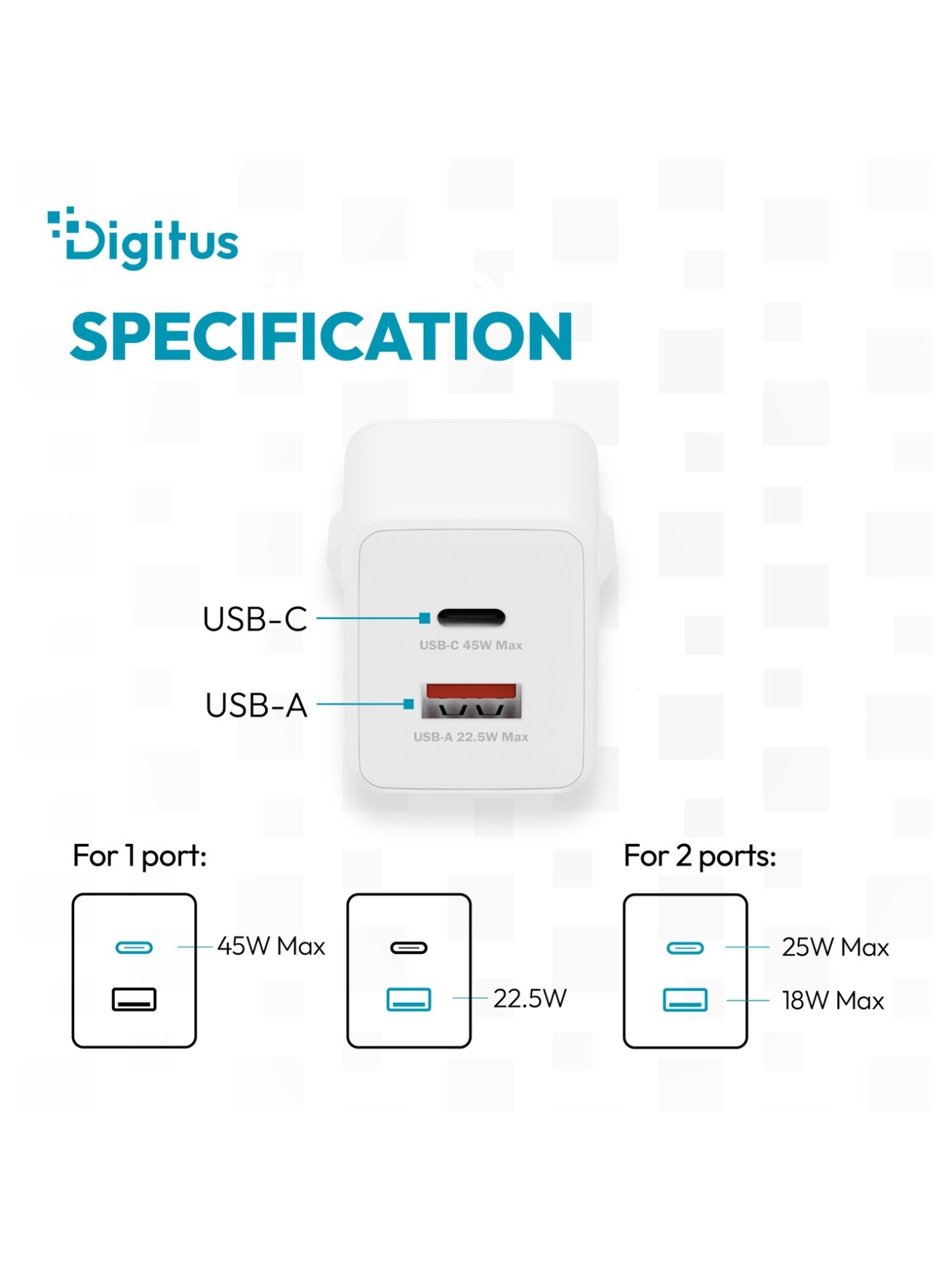 Digitus USB GaN Charger 45W, 1x USB-C, 1x USB-A | DA-10302 3 Digitus USB GaN Charger 45W, 1x USB-C, 1x USB-A | DA-10302 3
