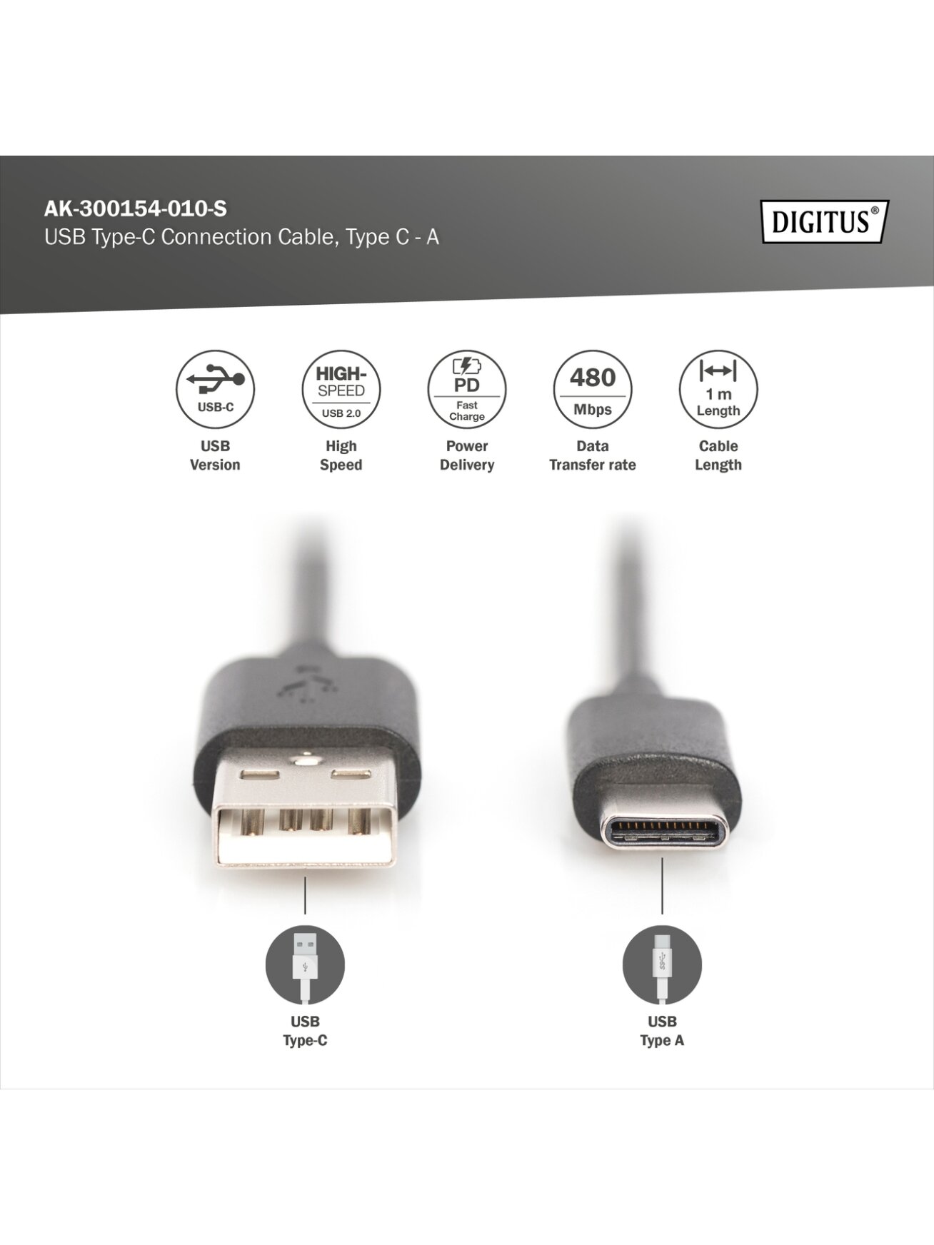Digitus | USB Type-C connection cable, type USB-A - USB-C | AK-300154-010-S 5 Digitus | USB Type-C connection cable, type USB-A - USB-C | AK-300154-010-S 5