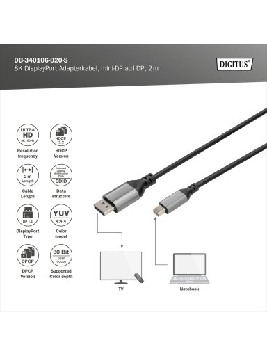 Digitus | 8K DisplayPort Adapter Cable, Mini DP to DP, 2 m | DB-340106-020-S | DisplayPort to DisplayPort