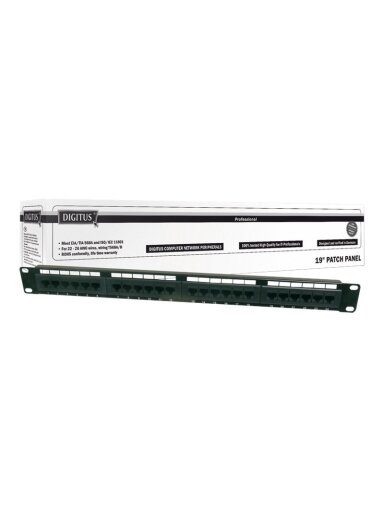 Digitus | Patch Panel | DN-91524U | Category: CAT 5e; Ports: 24 x RJ45; Retention strength: 7.7 kg; Insertion force: 30N max | 48.2 x 4.4 x 10.9 cm | Black