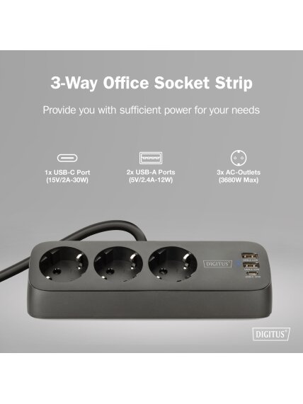 Digitus 3-way office socket strip with 2x USB-A and 1x USB-C connections | DA-70625 8 Digitus 3-way office socket strip with 2x USB-A and 1x USB-C connections | DA-70625 8