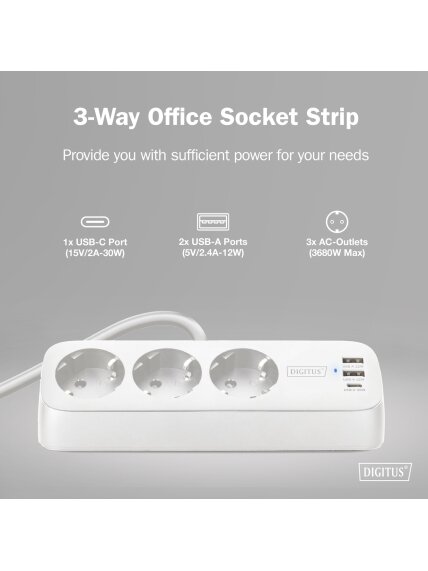 Digitus 3-way office socket strip with 2x USB-A and 1x USB-C connections | DA-70626 6 Digitus 3-way office socket strip with 2x USB-A and 1x USB-C connections | DA-70626 6