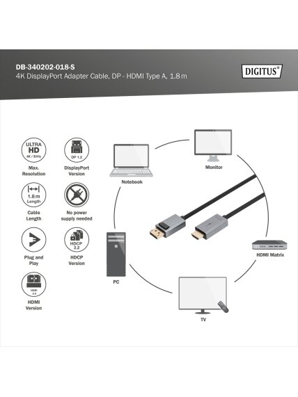 Digitus 4K DisplayPort Adapter Cable, DP - HDMI Type A | DB-340202-018-S | 1.8 m 3 Digitus 4K DisplayPort Adapter Cable, DP - HDMI Type A | DB-340202-018-S | 1.8 m 3