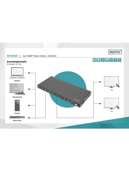 Digitus | 4x2 HDMI Matrix Switch, 4K/60Hz | DS-55509 4 Digitus | 4x2 HDMI Matrix Switch, 4K/60Hz | DS-55509 4