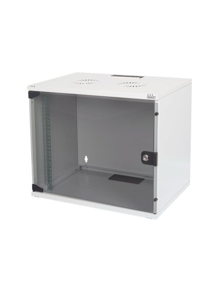 Digitus | 7U wall mounting cabinet | DN-19 07U-S-1 | Safety class rating IP20. Lockable safety-glass door. 200° door opening angle. Front door: Glass door, single opening. Unmounted 370x540x400 mm | Grey
