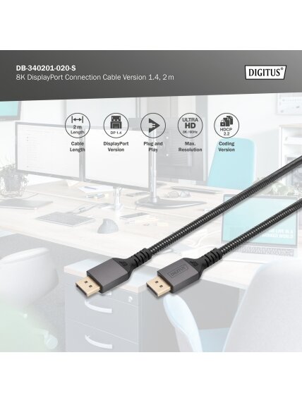 Digitus | 8K DisplayPort Connection Cable Version 1.4 | DB-340201-020-S | DisplayPort to DisplayPort 4 Digitus | 8K DisplayPort Connection Cable Version 1.4 | DB-340201-020-S | DisplayPort to DisplayPort 4