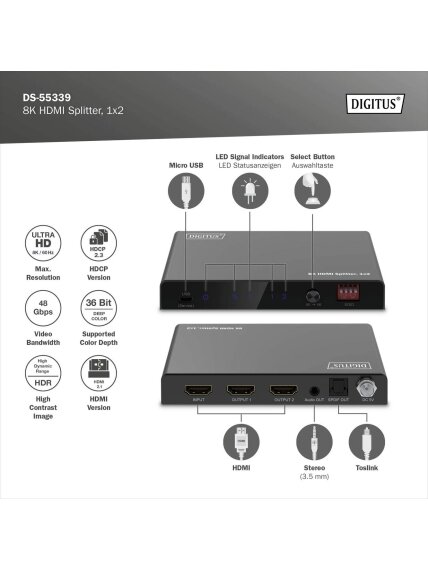 Digitus 8K HDMI Splitter, 1x2 | DS-55339 | Black 5 Digitus 8K HDMI Splitter, 1x2 | DS-55339 | Black 5