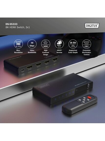 Digitus 8K HDMI Switch, 3x1 | DS-55333 | Black 10 Digitus 8K HDMI Switch, 3x1 | DS-55333 | Black 10