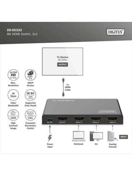 Digitus 8K HDMI Switch, 3x1 | DS-55333 | Black 4 Digitus 8K HDMI Switch, 3x1 | DS-55333 | Black 4