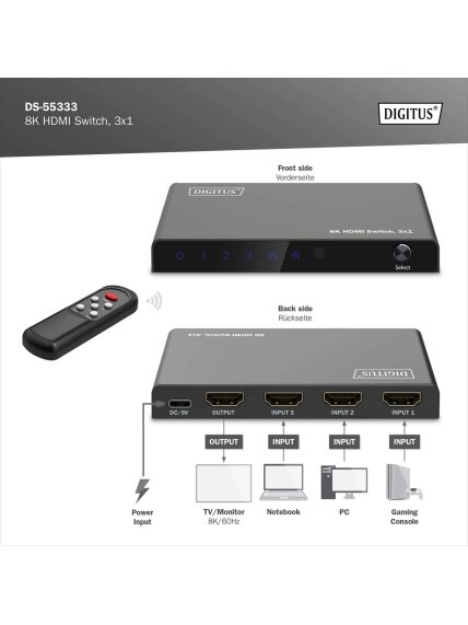 Digitus 8K HDMI Switch, 3x1 | DS-55333 | Black 5 Digitus 8K HDMI Switch, 3x1 | DS-55333 | Black 5