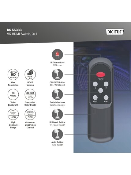 Digitus 8K HDMI Switch, 3x1 | DS-55333 | Black 7 Digitus 8K HDMI Switch, 3x1 | DS-55333 | Black 7