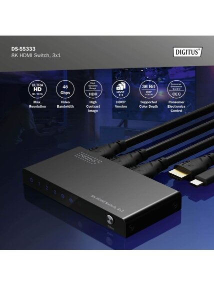 Digitus 8K HDMI Switch, 3x1 | DS-55333 | Black 8 Digitus 8K HDMI Switch, 3x1 | DS-55333 | Black 8