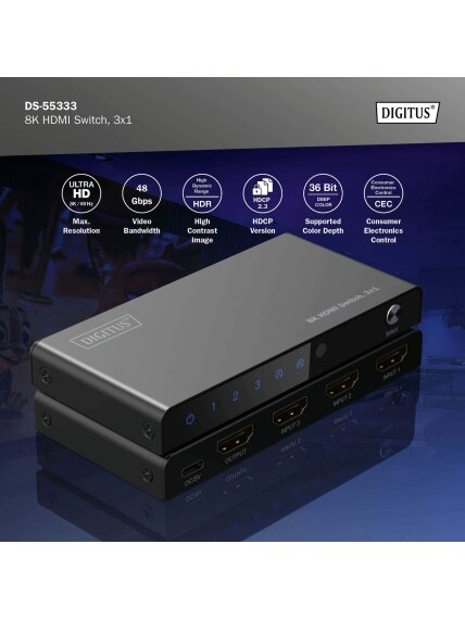 Digitus 8K HDMI Switch, 3x1 | DS-55333 | Black 9 Digitus 8K HDMI Switch, 3x1 | DS-55333 | Black 9