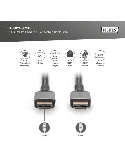 Digitus 8K HDMI Ultra High Speed Connection Cable | DB-330200-020-S | 2 m 2 Digitus 8K HDMI Ultra High Speed Connection Cable | DB-330200-020-S | 2 m 2