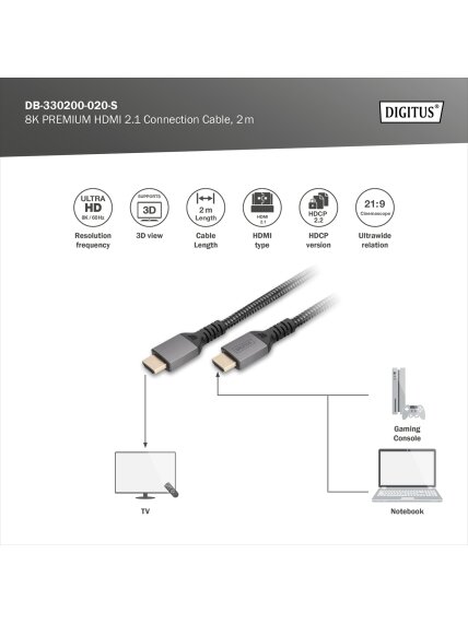 Digitus 8K HDMI Ultra High Speed Connection Cable | DB-330200-020-S | 2 m 3 Digitus 8K HDMI Ultra High Speed Connection Cable | DB-330200-020-S | 2 m 3