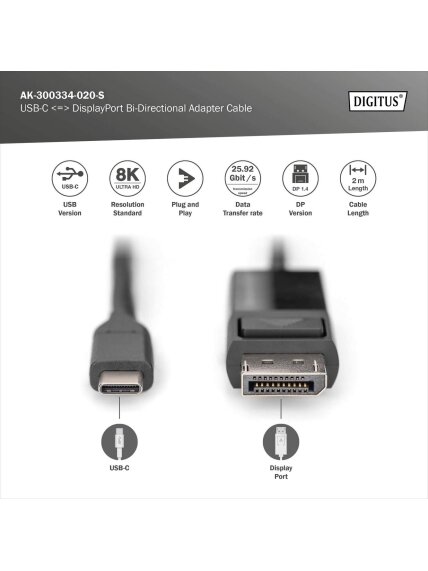 Digitus | Bi-Directional Adapter Cable 2 m | AK-300334-020-S | USB Type C to DisplayPort 1