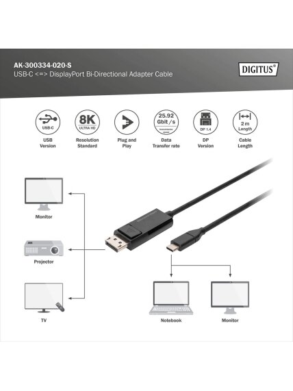 Digitus | Bi-Directional Adapter Cable 2 m | AK-300334-020-S | USB Type C to DisplayPort 2