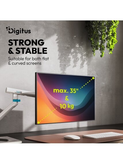 Digitus Desk Mount | Tilt, rotation, pivot | Single design monitor mount | 35 " | Maximum weight (capacity) 10 kg | White 7 Digitus Desk Mount | Tilt, rotation, pivot | Single design monitor mount | 35 " | Maximum weight (capacity) 10 kg | White 7