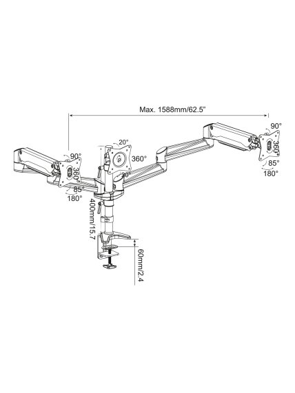 Digitus Desk Mount | Triple Monitor Gas Spring Mount DA-90363 | Adjustable Height, Tilt, Swivel | 15-27 " | Maximum weight (capacity) 3x6 kg | Silver 2 Digitus Desk Mount | Triple Monitor Gas Spring Mount DA-90363 | Adjustable Height, Tilt, Swivel | 15-27 " | Maximum weight (capacity) 3x6 kg | Silver 2