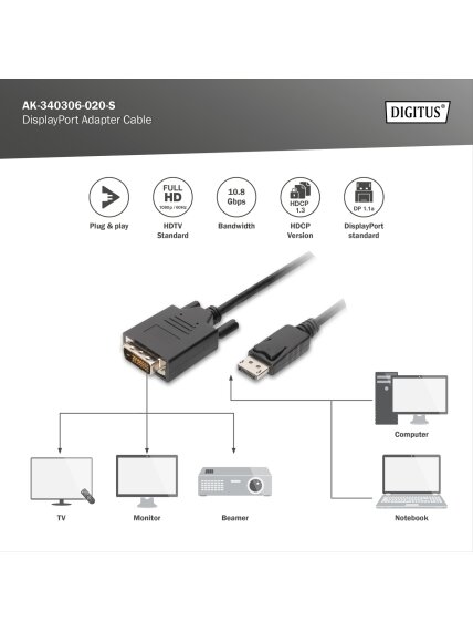 Digitus | DisplayPort Adapter Cable | AK-340306-020-S 2 Digitus | DisplayPort Adapter Cable | AK-340306-020-S 2