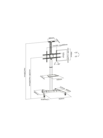 Digitus | Floor stand | TV-Cart for screens up to 70", max. 50kg wheelbase, VESA max. 600x400 | Tilt | 37-70 " | Maximum weight (capacity) 50 kg | Black 8 Digitus | Floor stand | TV-Cart for screens up to 70", max. 50kg wheelbase, VESA max. 600x400 | Tilt | 37-70 " | Maximum weight (capacity) 50 kg | Black 8