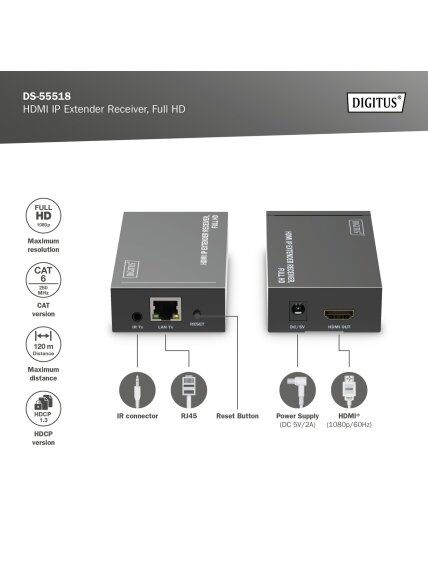 Digitus | HDMI IP Extender Receiver, Full HD | DS-55518 5