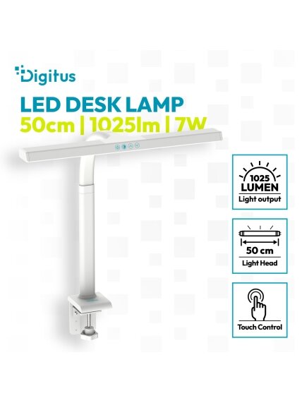 Digitus LED Desk Lamp, 50 cm, White | DA-90491 | 1025 lm | 7 W | 3000-6500 K | Warm to cold white light | LED lamp | 10 V 2