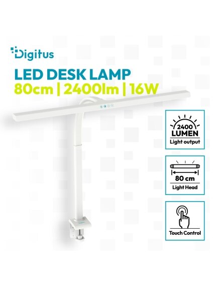 Digitus LED Desk Lamp, 80 cm, White | DA-90493 | 2400 lm | 16 W | 3000-6500 K | Warm white light to white daylight | LED lamp | 10 V 2 Digitus LED Desk Lamp, 80 cm, White | DA-90493 | 2400 lm | 16 W | 3000-6500 K | Warm white light to white daylight | LED lamp | 10 V 2