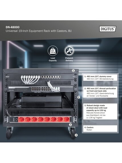 Digitus Universal 19-Inch Equipment Rack with Castors, 8U | DN-48000 6 Digitus Universal 19-Inch Equipment Rack with Castors, 8U | DN-48000 6