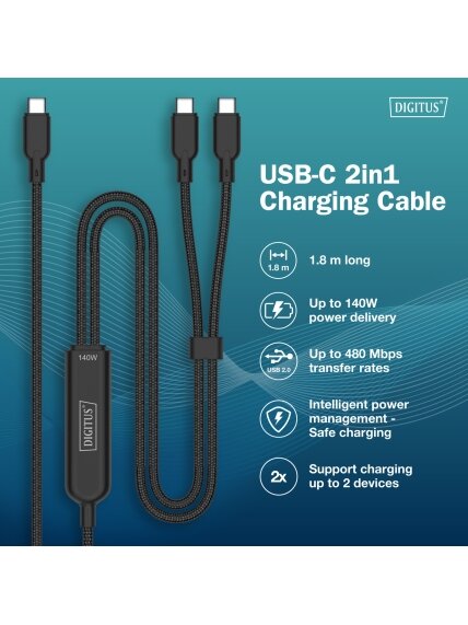Digitus | USB-C 2in1 charging cable, 140W | AK-300170-018-S 4 Digitus | USB-C 2in1 charging cable, 140W | AK-300170-018-S 4