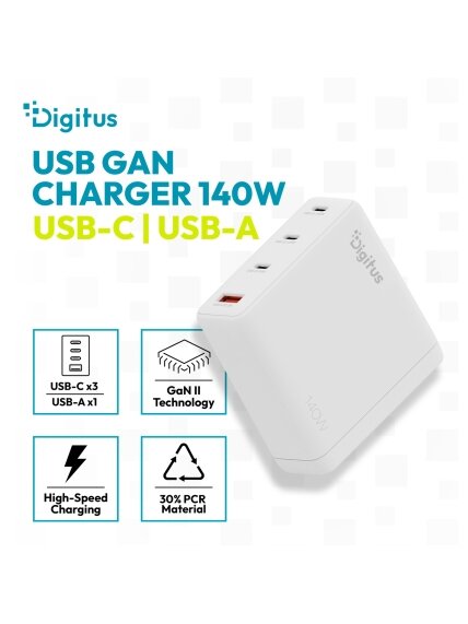 Digitus USB GaN Charger 140W, 3x USB-C, 1x USB-A | DA-10305 2 Digitus USB GaN Charger 140W, 3x USB-C, 1x USB-A | DA-10305 2